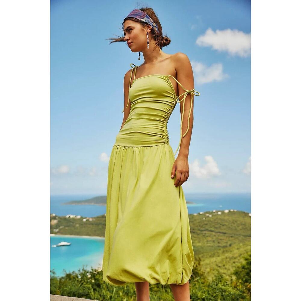 Free People FP Beach Free Est Liza Drop-Waist Midi Dress Ruched Bubble Size S